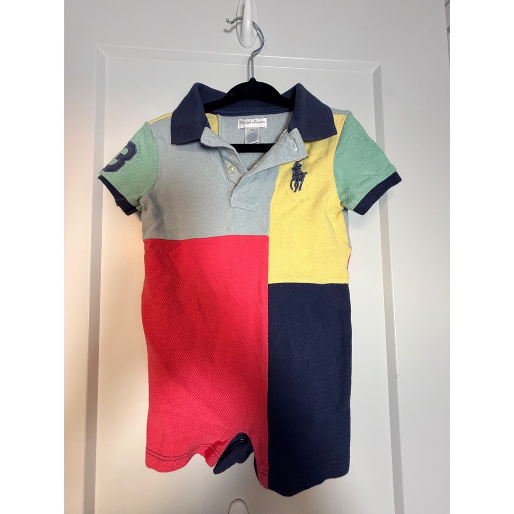 Ralph Lauren Baby Boys Colorblock Polo Romper Multi Color 12M Short Sleeve_147